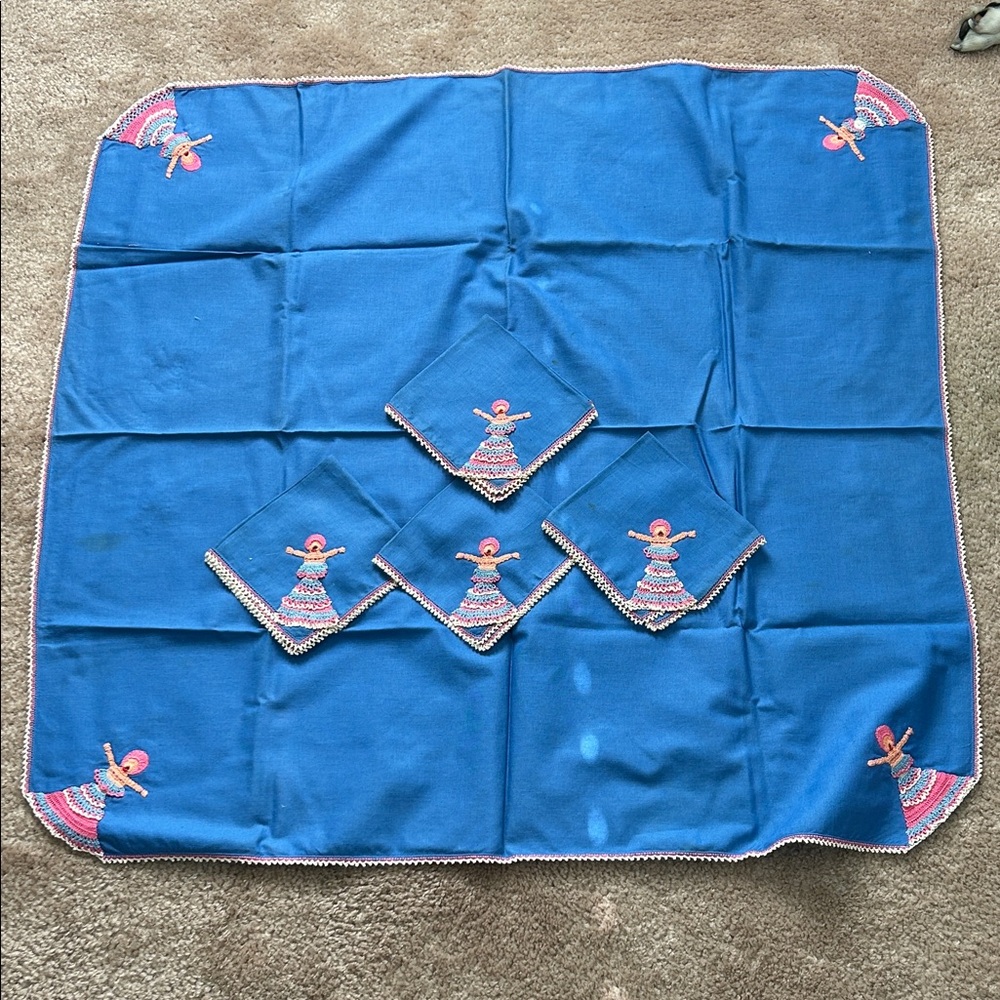 Hand-Embroidered Blue Cotton Square Tablecloth with Matching Napkins